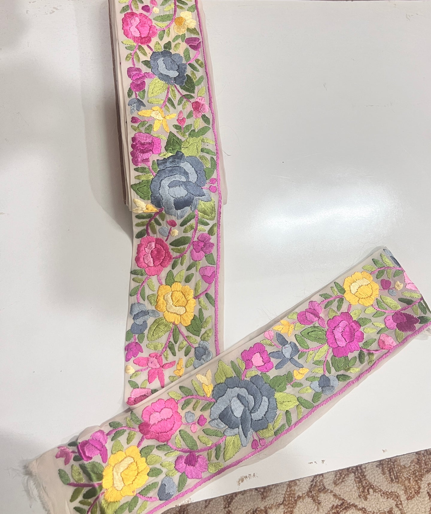 Off white White multicolored hand embroidered parsi gara border